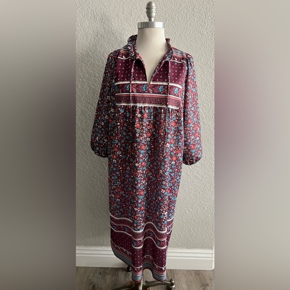 Vintage Lorac Original burgundy floral midi Housecoat Pullover Dress Size XL 20 - Picture 1 of 5